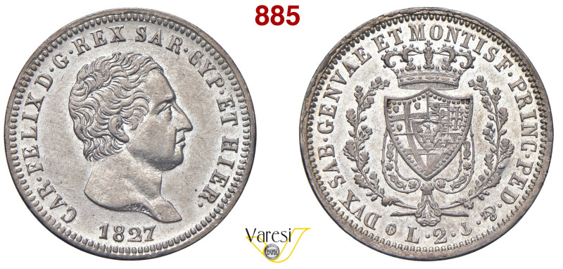 CARLO FELICE (1821-1831) 2 Lire 1827 Genova MIR 1036f Pagani 87 Ag 10,00 g 27 mm...