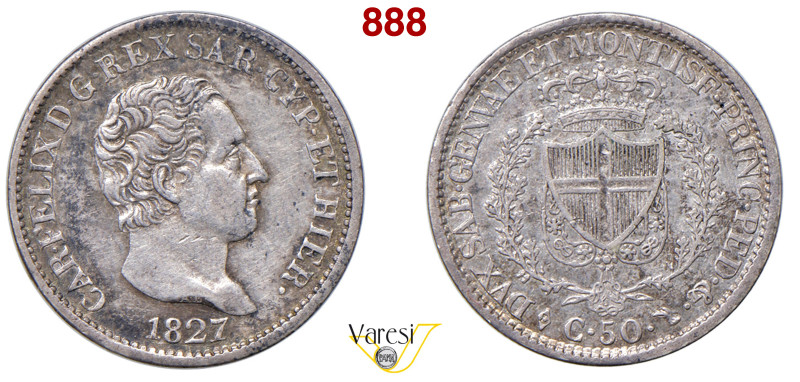 CARLO FELICE (1821-1831) 50 Centesimi 1827 Torino MIR 1038f Pagani 113 Ag 2,5 g ...