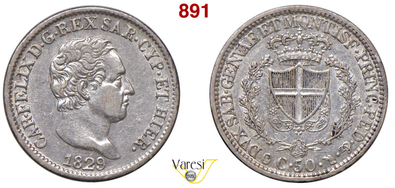 CARLO FELICE (1821-1831) 50 Centesimi 1829 Torino MIR 1038m Pagani 119 Ag 2,5 g ...