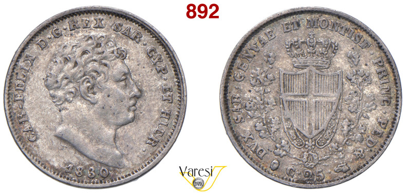 CARLO FELICE (1821-1831) 25 Centesimi 1830 "P", Torino MIR 1039e Pagani 125a Ag ...
