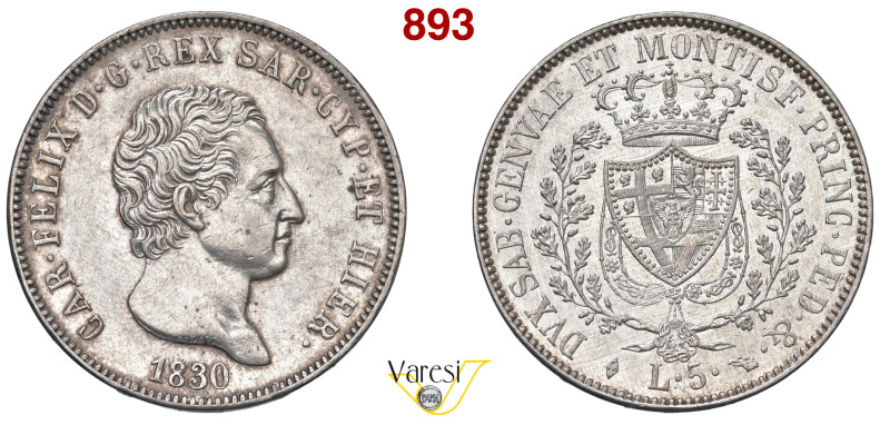 CARLO FELICE (1821-1831) 5 Lire 1830 "L", Torino MIR 1035q Pagani 79 Ag 24,98 g ...