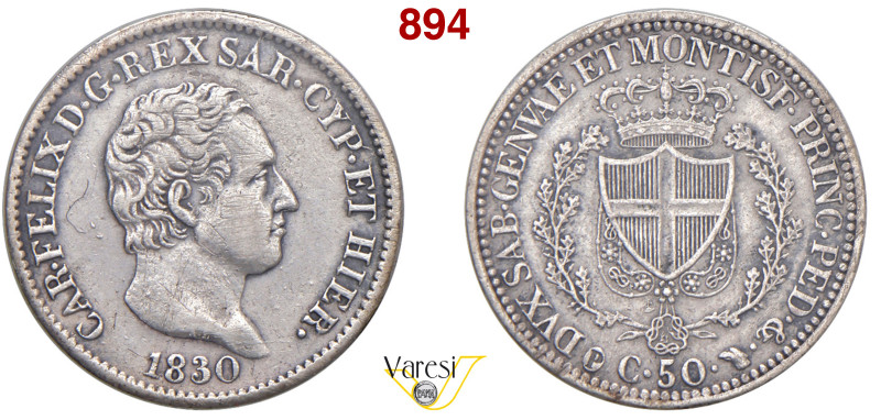 CARLO FELICE (1821-1831) 50 Centesimi 1830 "P", Torino MIR 1038o Pagani 120a Ag ...