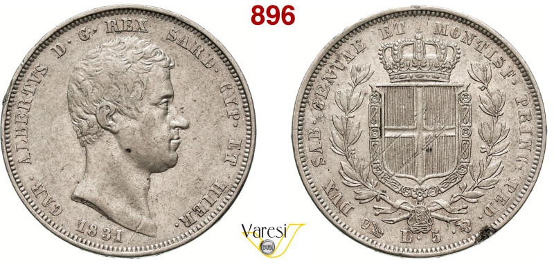 CARLO ALBERTO (1831-1849) 5 Lire 1831 "croce sottile", Genova MIR 1047b Pagani 2...
