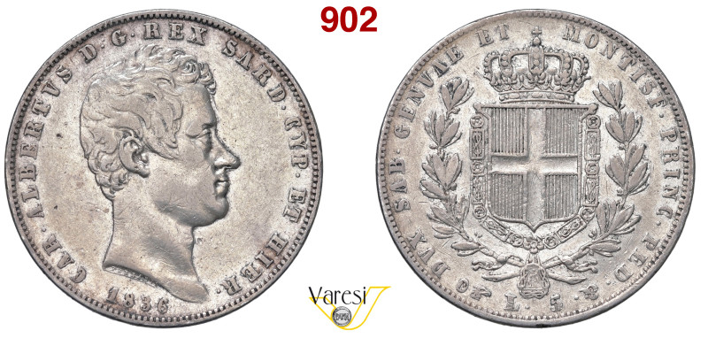 CARLO ALBERTO (1831-1849) 5 Lire 1836 Torino MIR 1047o Pagani 240 Ag 24,84 g 37 ...