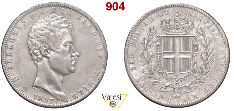 CARLO ALBERTO (1831-1849) 5 Lire 1837 Torino MIR 1047q Pagani 242 Ag 25 g circa ...