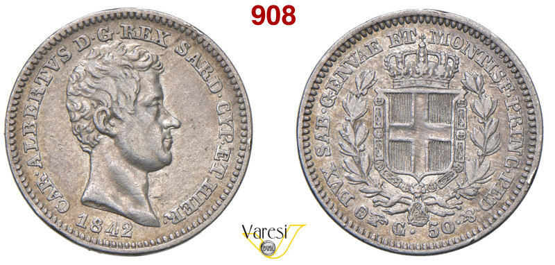 CARLO ALBERTO (1831-1849) 50 Centesimi 1842 Torino MIR 1050i Pagani 323 Ag 2,47 ...