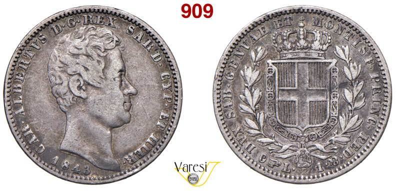 CARLO ALBERTO (1831-1849) Lira 1843 Torino MIR 1049r Pagani 307 Ag 4,88 g 23 mm ...