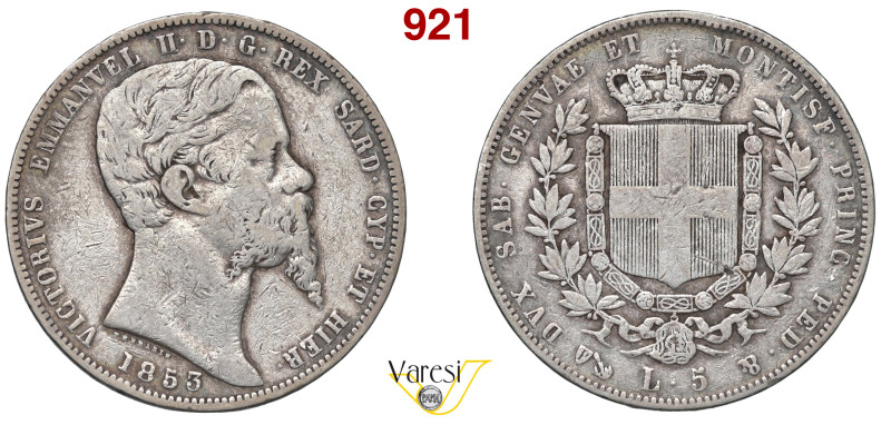 VITTORIO EMANUELE II, Re di Sardegna (1849-1861) 5 Lire 1853 Genova MIR 1057g Pa...