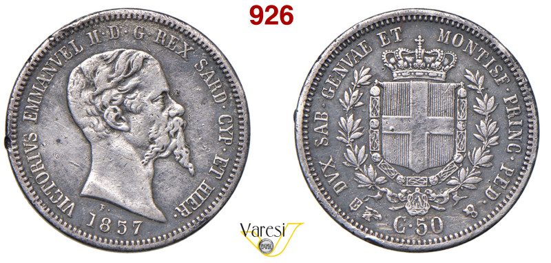 VITTORIO EMANUELE II, Re di Sardegna (1849-1861) 50 Centesimi 1857 Torino MIR 10...