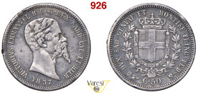 VITTORIO EMANUELE II, Re di Sardegna (1849-1861) 50 Centesimi 1857 Torino MIR 1060g Pagani 424 Ag 2,52 g 18 mm RR • Colpi al bordo. Ex Nomisma e9/827 ...