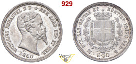 VITTORIO EMANUELE II, Re di Sardegna (1849-1861) 50 Centesimi 1860 Milano MIR 1060j Pagani 427 Ag 2,49 g 18 mm q.FDC