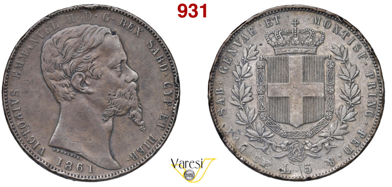 VITTORIO EMANUELE II, Re di Sardegna (1849-1861) 5 Lire 1861 Torino MIR 1057u Pa...