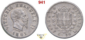 VITTORIO EMANUELE II, Re d'Italia (1861-1878) 50 Centesimi 1861 Firenze MIR 1087a Pagani 520 Ag 2,47 g 18 mm RR • Ex InAsta 34/1743 BB