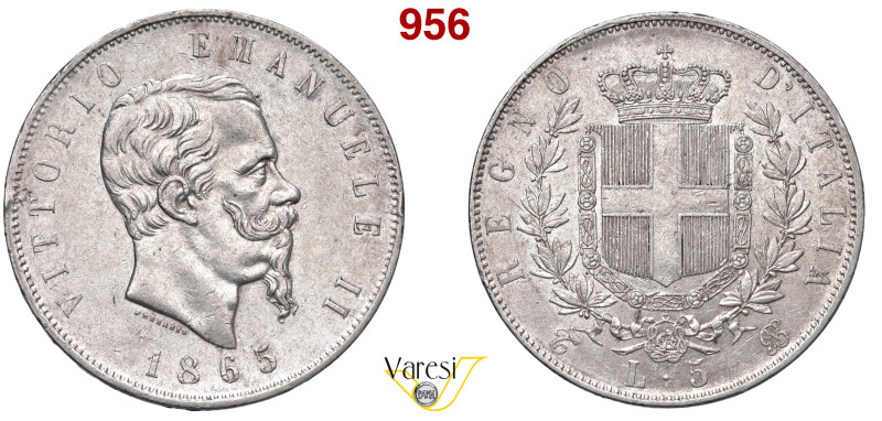 VITTORIO EMANUELE II, Re d'Italia (1861-1878) 5 Lire 1865 Torino MIR 1082f Pagan...