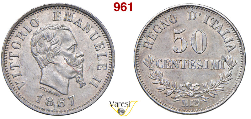 VITTORIO EMANUELE II, Re d'Italia (1861-1878) 50 Centesimi 1867 "valore", Milano...