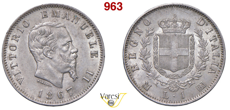 VITTORIO EMANUELE II, Re d'Italia (1861-1878) Lira 1867 Milano MIR 1085g Pagani ...