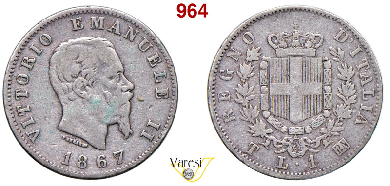 VITTORIO EMANUELE II, Re d'Italia (1861-1878) Lira 1867 Torino MIR 1085h Pagani ...