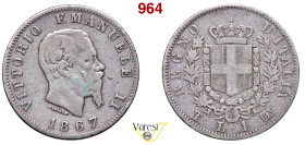 VITTORIO EMANUELE II, Re d'Italia (1861-1878) Lira 1867 Torino MIR 1085h Pagani 519 Ag 5 g circa 23 mm RR • Sigillata BB da Num. Lago Maggiore