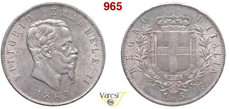 VITTORIO EMANUELE II, Re d'Italia (1861-1878) 5 Lire 1869 Milano MIR 1082h Pagan...