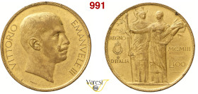 VITTORIO EMANUELE III (1900-1946) 100 Lire 1903 Progetto Johnson, Milano Pagani Prove 139 Mont. 2 Luppino PPSJ12 Cu dorato 16,49 g 35 mm • Minimi colp...