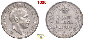 VITTORIO EMANUELE III - monetazione per la Somalia (1900-1946) Quarto di Rupia 1910 Roma MIR 1177a Pagani 971 Ag 2,92 g 24 mm R • Sigillata SPL/FDC da...