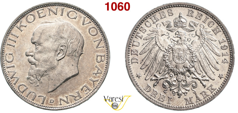 GERMANIA - Bayern - LUDWIG III (1913-1918) 3 Marchi 1914, D, Monaco J. 52 Ag 16,...