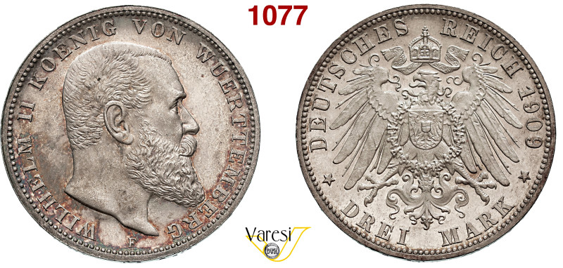 GERMANIA - Wurttemberg - WILHELM II (1891-1918) 3 Marchi 1909, F Ag 16,71 g 33 m...