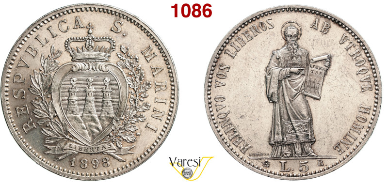 SAN MARINO - REPUBBLICA 5 Lire 1898, Roma Pagani 357 Ag 25,07 g 37,1 mm R q.FDC/...