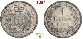 SAN MARINO - REPUBBLICA 1 Lira 1898, Roma Pagani 367 Ag 4,98 g 23,1 mm • Leggeri hairlines; esemplare con leggera patina su fondi speculari (prooflike...