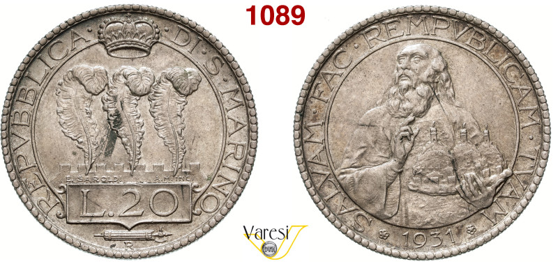 SAN MARINO - REPUBBLICA 20 Lire 1931, Roma Pagani 342 Ag 15 g 35,6 mm SPL