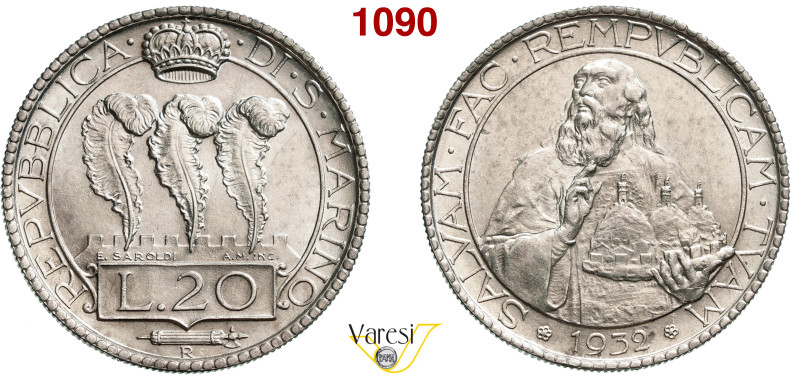 SAN MARINO - REPUBBLICA 20 Lire 1932, Roma Pagani 343 Ag 14,97 g 35,6 mm • Colpe...