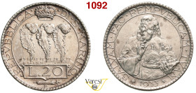 SAN MARINO - REPUBBLICA 20 Lire 1933, Roma Pagani 344 Ag 14,99 g 35,6 mm • Colpetto SPL