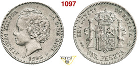 SPAGNA - ALFONSO XIII (1886-1931) 1 Peseta 1893 (1893) KM. 700 Ag 4,96 g 23,1 mm q.SPL