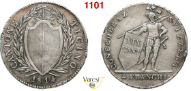 SVIZZERA - TICINO - 4 Franchi 1814 HMZ 2-923b Ag 29,65 g 39,6 mm • Probabile traccia di saldatura sul taglio BB