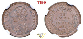 INDIA - Vittoria d'Hannover (1837-1901) 1/12 Anna 1887, Calcutta Cu NGC MS62 BN