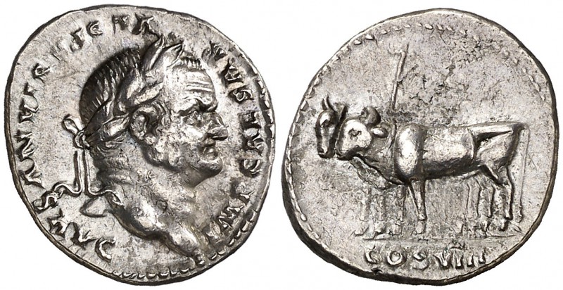 (77-78 d.C.). Vespasiano. Denario. (Spink 2289) (S. 133a) (RIC. 943). 3,46 g. At...