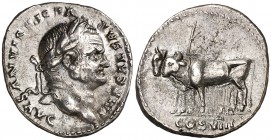 (77-78 d.C.). Vespasiano. Denario. (Spink 2289) (S. 133a) (RIC. 943). 3,46 g. Atractiva. EBC-/MBC+.