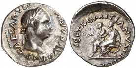 (69-70 d.C.). Vespasiano, Tito y Domiciano. Tarraco. Denario. (Spink falta) (S. falta) (RIC. 1363). 3,56 g. Bella pátina. Muy rara. EBC-.