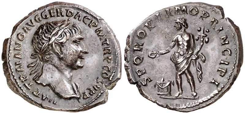 (107 d.C.). Trajano. Denario. (Spink 3160) (S. 394) (RIC. 184). 3,16 g. Pátina o...