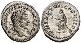 (214 d.C.). Caracalla. Denario. (Spink 6833) (S. 247) (RIC. 246). 3,41 g. Bella. EBC.