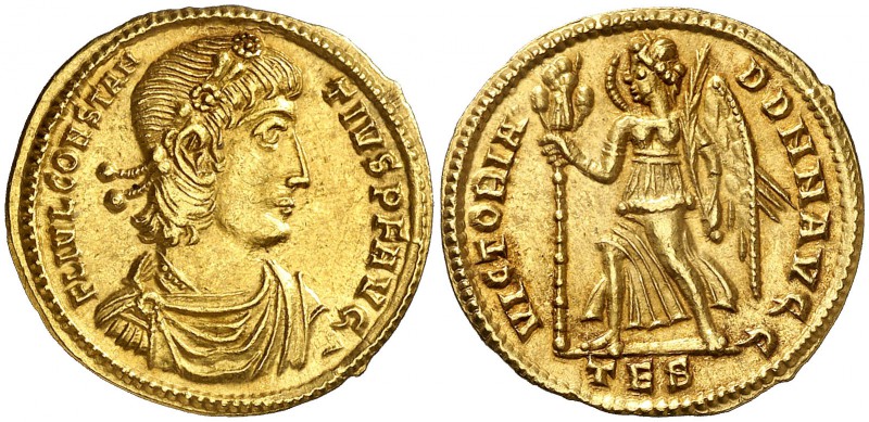 (337-340 d.C.). Constancio II. Tesalónica. Sólido. (Spink 17797, mismos cuños) (...