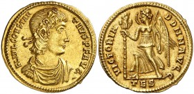 (337-340 d.C.). Constancio II. Tesalónica. Sólido. (Spink 17797, mismos cuños) (Co. 261) (RIC. 26). 4,42 g. Bellísima. Rara así. S/C-.