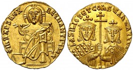Basilio I y Constantino VII (869-879). Constantinopla. Sólido. (Ratto 1858) (S. 1704). 4,35 g. Bellísima. Rara así. S/C.