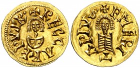 Recaredo I (586-601). Emerita (Mérida). Triente. (CNV. 106.8) (R.Pliego 116i, mismo ejemplar). 1,51 g. Muy bella. S/C-.
