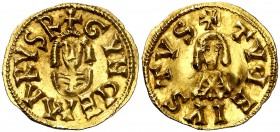 Gundemaro (610-612). Tude (Tuy). Triente. (CNV. 199.1) (R.Pliego 241b.2, mismo ejemplar). 1,50 g. Bella. Rara. EBC.