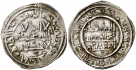 AH 388. Califato. Hixem II. Al Andalus. Dirhem. (V. 596). (Fro. 7). 2,85 g. Sin nombres. Buen ejemplar. Rara. MBC.