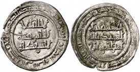AH 401. Califato. Hixem II, 2º reinado. Al Andalus. Dirhem. 2,47 g. Sin nombre en ninguna de las dos caras. Ceca y fecha muy claras, pero sin bismilla...
