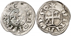 Comtat del Rosselló. Gerard I (1102-1115). Perpinyà. Diner. (Cru.V.S. 111 var) (Cru.C.G. 1897a var). 0,96 g. Rarísima. MBC.