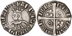 Alfons III (1327-1336). Barcelona. Croat. (Cru.V.S. 366.1) (Cru.C.G. 2184c). 3 g. Flores de seis pétalos en el vestido. Letras A sin travesaño en anve...