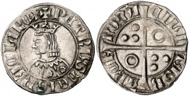 Pere III (1336-1387). Barcelona. Croat. (Cru.V.S. 403.1 var) (Badia 246) (Cru.C.G. 2220l). 3,17 g. Flores de seis pétalos en el vestido. Letras A y U ...